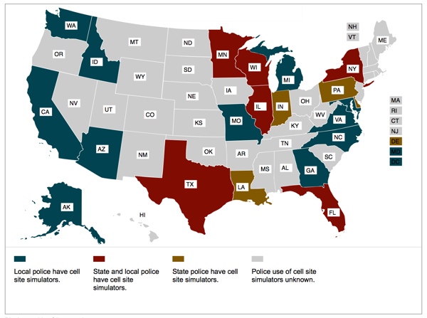 Cell site simulator use map